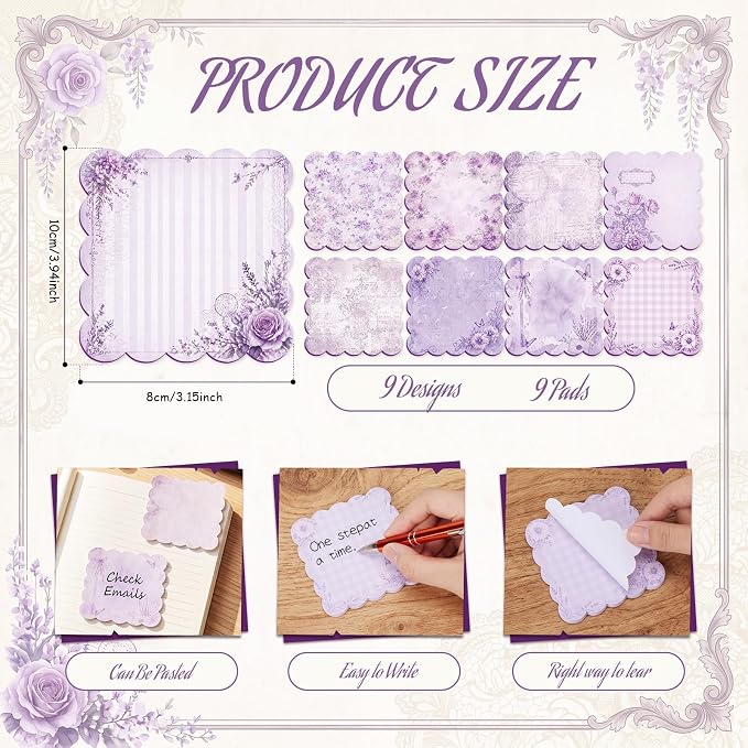 9 Pcs Scalloped Aesthetic Sticky Notes 3x3 Inch Vintage Colors Cute Wavy Self Sticky Note Pads Memo Pads for Journal School Office Supplies Decoupage Craft Stationery Gift(Vintage Purple)