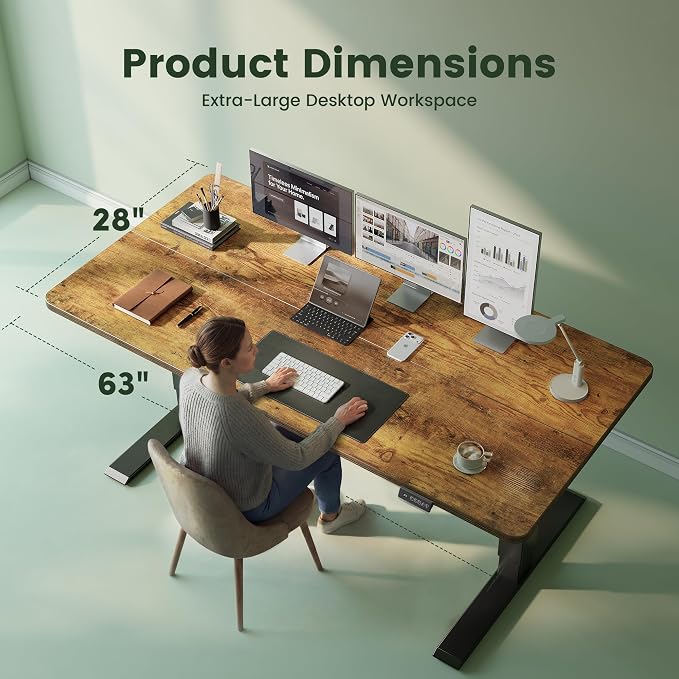 CubiCubi Standing Desk, 63 x 28 Inches Electric Height Adjustable Computer Desk, Sit Stand up Home Office Desk with Memory Presets, Rustic Brown