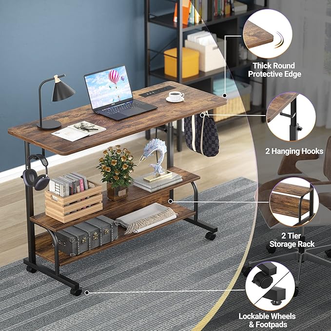 Armocity Rolling Standing Desk with Charging Station, Portable Height Adjustable Mobile Computer Desk with Wheels & 2-Tier Shelves & Hooks, Easy Assembly Laptop Table for Couch Bed, 39" Rustic Brown