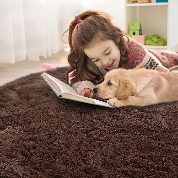 OLANLY Coffee Round Rugs for Bedroom - Machine Washable, 2 ft Circle Area Rugs for Living Room, Soft and Fluffy Shaggy Carpet for Teen Girls and Boys, Nursery Rooms, Dorms, Home Decor Aesthetic