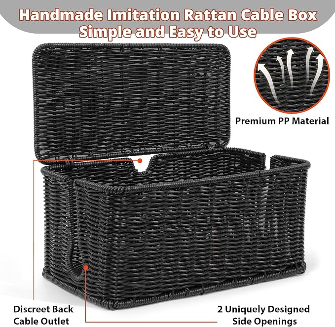 ZhiYo Rattan Cable Management Box, Black Cord Organizer, 12.5" x 5" x 5.2" | Handwoven black imitation rattan cord hider box conceals power strips and cables for a clean desk or floor setup