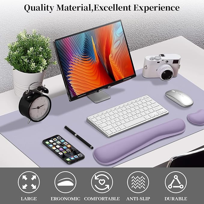 Mouse and Keyboard Pad, 3-in-1 Desk Mat Set, Wrist Rest for Computer Keyboard, Ergonomic Keyboard Wrist Rest Set for Office Home Decor(Lavender, 31.5" x 15.7")
