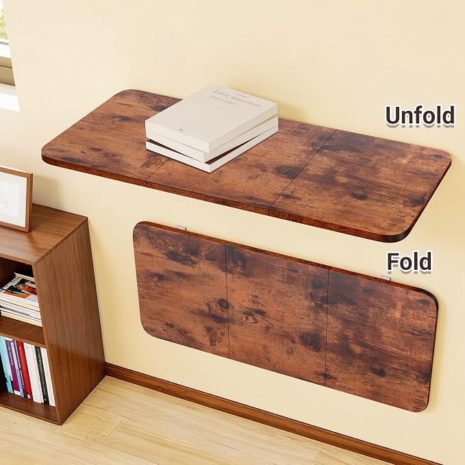 Neoaider Wall Mounted Folding Desk 35.4” x 15.7”, Drop Down Table with Metal Collapsible Brackets, Folding Wall Table for Small Spaces, Home, Office, Kitchen, Laundry Room-Brown