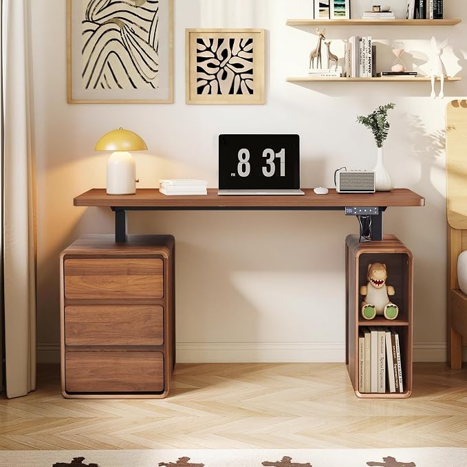 Electric Standing Desk with Drawers, 55" Office Desk Height Adjustable Executive Desk with Storage Shelves, Simple Setup Wood Desk Home Office Stand up Desk for Work, Study, Writing, Walnut