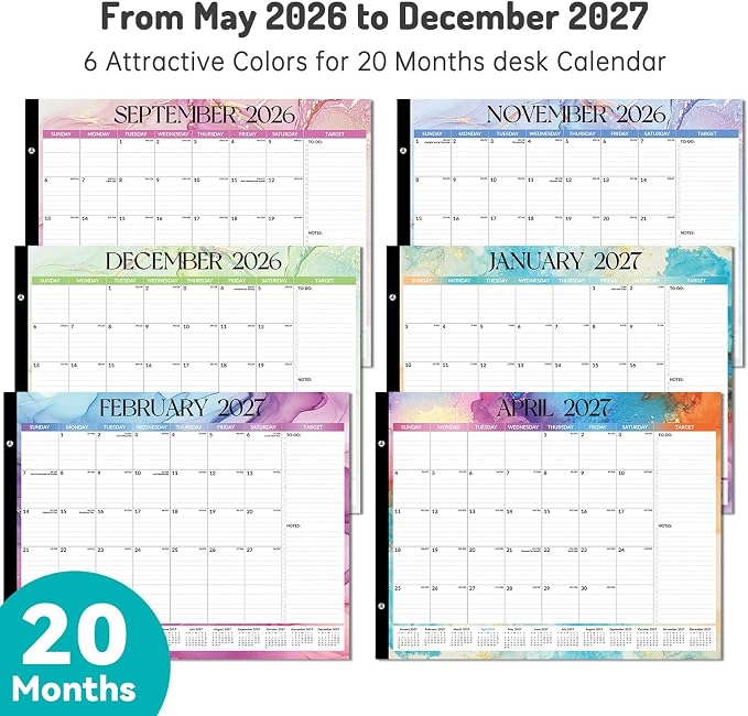 Forvencer Desk Calendar 2026-2027, 20 Months Calendar Runs from May 2026 to December 2027, 22" x 17" Large 2026 Desk Calendar Monthly Planner with Plastic Cover for Home School Office, Blue