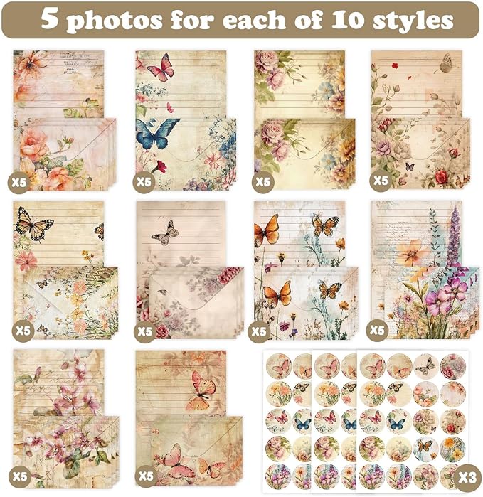 160 Pcs Stationery Paper Envelopes Set Includes 50 Lined Writing Paper & 50 Envelopes with 60 Colorful Round Dot Stickers, Cute Vintage Floral Letter Writing and Stationery Paper Envelopes(10Style)