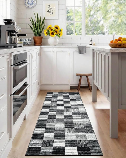 Terrug Black and White Runner Rugs for Kitchen, 2x6 Checkered Area Rug Washable with Non Slip for Bedroom, Soft Low Pile Stain Resistance Carpet for Entryway Hallway
