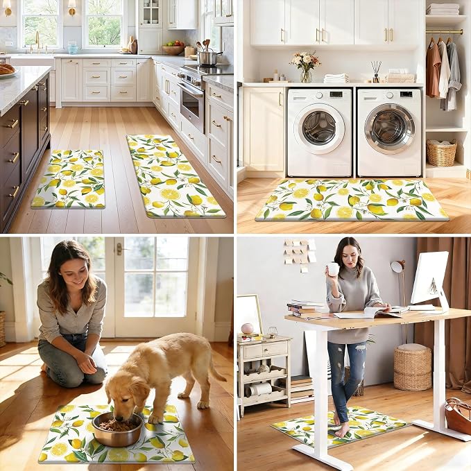 SHACOS Anti Fatigue Lemon Kitchen Rugs Mats Set of 2 Pieces Non Slip Soft Cushioned Wipeable Kitchen Mats for Floor Standing Mats, 17"x27.5"+17"x47", White
