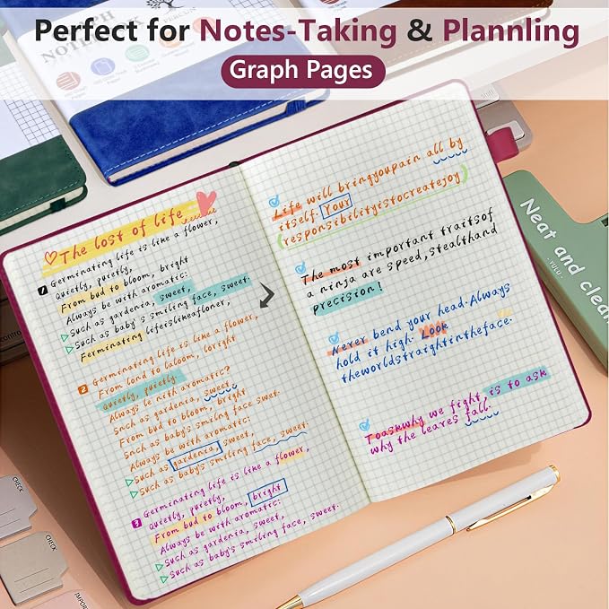 PERCUN A5 Hardcover Graph Paper Notebook, 5.9”x8.5” Leather Journal for Women & Men, 160 Pages Grid Paper Composition Notebook for Work, School, Math, Quad Ruled Writing Journals,Graphing (Burgundy)