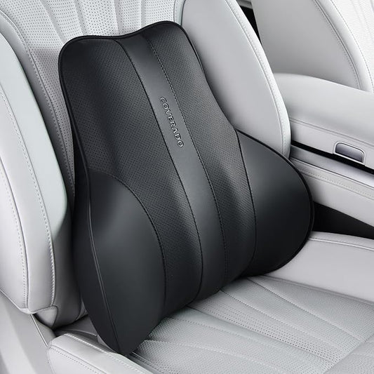 Coverado Lumbar Support Pillow for Car, Ergonomic Memory Foam Back Pillow for Office Chair, New Back Cushion for Pain Relief, PU Leather Car Lumbar Support for Driving Seat Black
