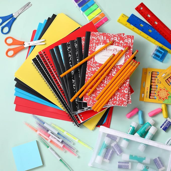 Gilprop 176 Pcs School Supply Kit 2 Set Back to School Supplies for Students Essential Bundle Kit Include Pencil Notebook Ruler Glue Scissor Sticky Note Eraser Pencil Sharpener