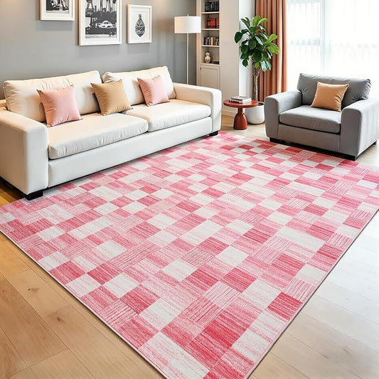 Terrug Pink Checkered Rug for Living Room, 5x7 Area Rugs Washable with Non Slip for Bedroom, Soft Low Pile Stain Resistance Abstract Carpet for Dinning Room