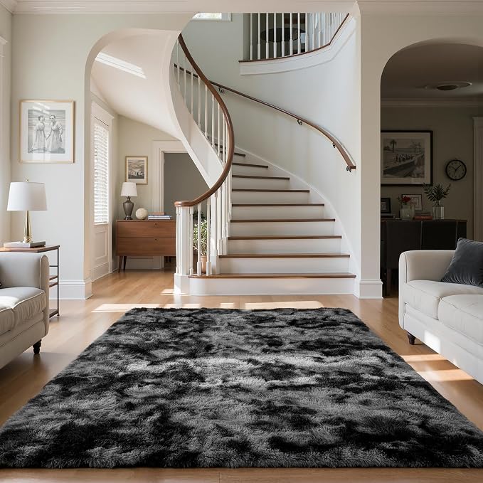 Zentavio Black and Grey Area Rugs for Living Room Large Men Room Carpet 9x12 Bedroom Fluffy Furry Shag Aesthetic Plush High Pile Floor Rug for Kids Room Dorm Home Decor Gray