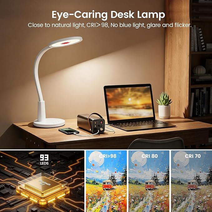 Glendan Desk Lamp for Home Office: Eye-Caring LED Red Light Desk Lamp, 10 Brightness & Flexible Gooseneck, Dimmable Desk Light with Memory & Timer, Table Lamp for Study, Bedroom