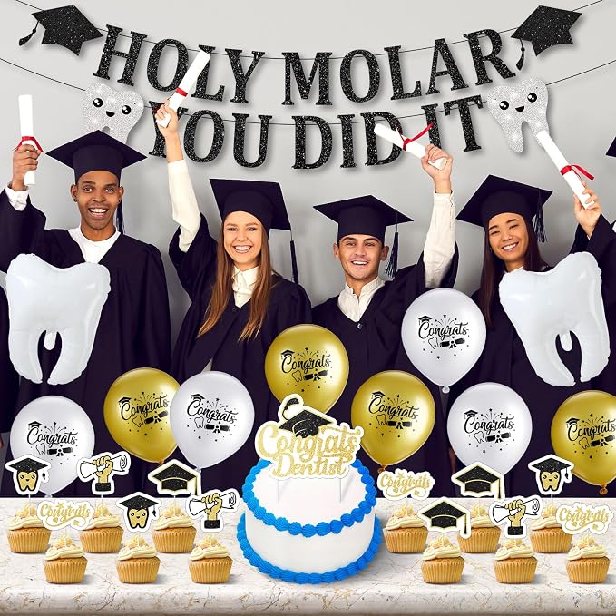 Colingmill 30 Pcs Dentist Party Decor Congrats RDH Dental Kit with Pull Flags Cake Sticks Tooth Balloon White Ribbon for Dentist Supplies Back to School Party Favor