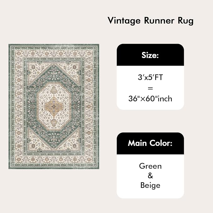 Washable 3x5 Area Rug for Entryway - Bedroom Rugs with Non Slip Rubber Backing for Kitchen Bathroom Indoor Soft Stain Resistant Carpet Rug for Pet Feeding Area and Distressed Floor Decor Green/Beige