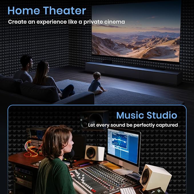 Focusound 26 Pack Sound Proof Foam Panels for Walls, 12" X 12" X 2" Pyramid Acoustic Foam Panels, High Density Noise Reduction Soundproof Panels for Studio Game Room with 150PCS Double-Side Adhesive