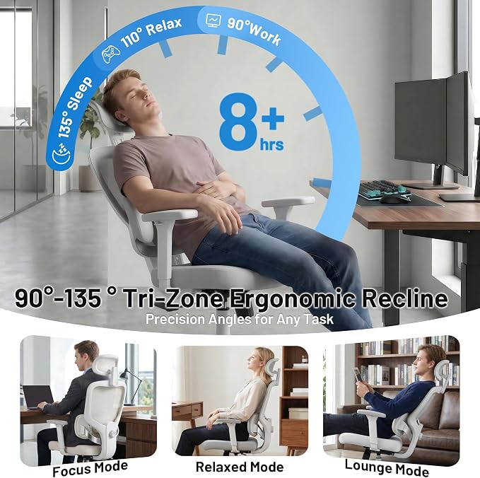 Ergonomic Office Desk Chair, High Back Breathable Mesh Computer Chair, 3D Lumbar Support, 2D Headrest & 3D Armrests, 300lbs Heavy Duty Task Chair for Home Office Work Gaming, Gray