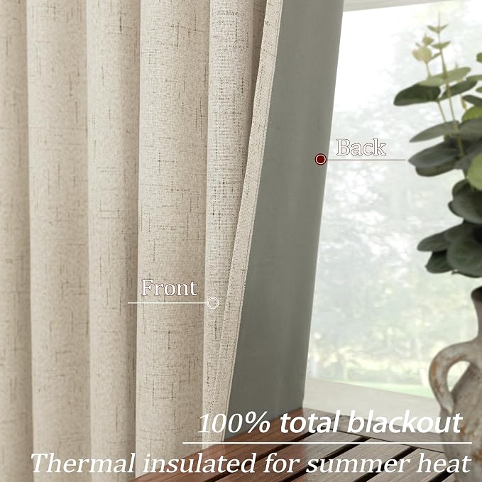 KOUFALL Beige Blackout Curtains for Bedroom,Linen Black Out Country Curtains for Kitchen Living Room 54 Inch Long