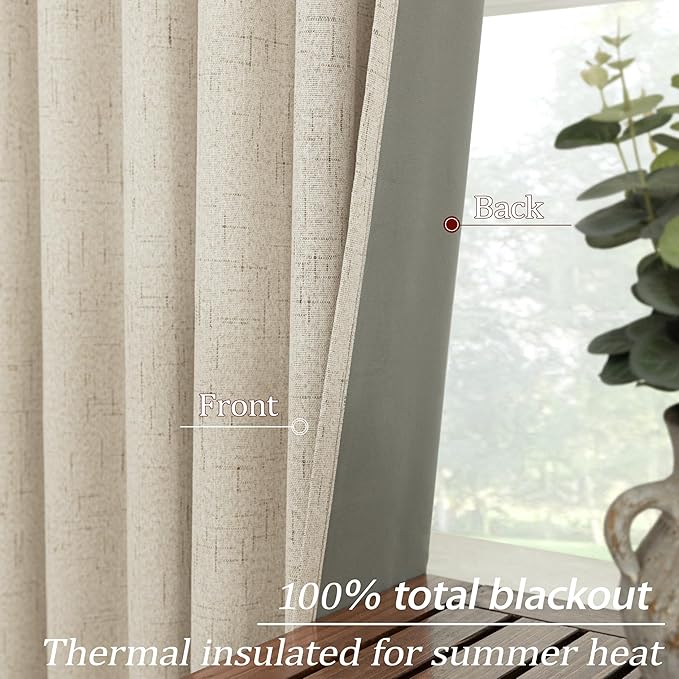 KOUFALL Thermal Curtains 63 Inch Length, Draft Blocking Energy Efficient Insulated Blackout Curtains for Summer Living Room Bedroom, Warm Beige