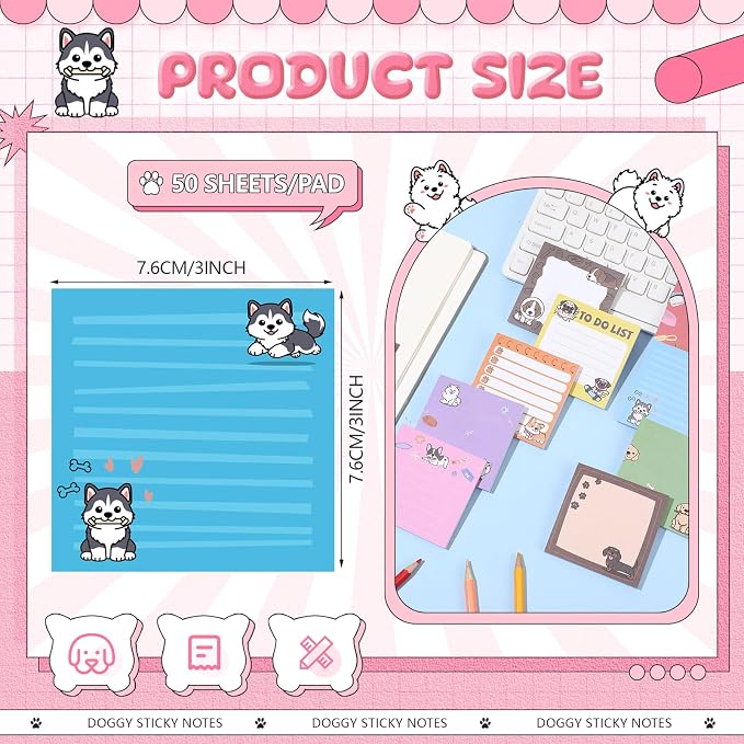 9 Pads Cute Sticky Notes Cartoon Self Stick Notepads 3x3 Inches Notes Adhesive Memo Pad Office Decor Gifts for Students School Teacher Office Meeting(Dog)