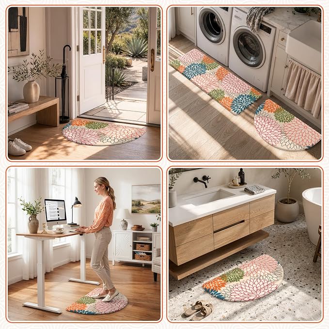 KIMODE Half Circle Anti Fatigue Mats for Kitchen Floor Rug Sets of 2 | 18"x28+18"x47",Orange,Half Round,2PCS,Dahlia Floral Boho,Non Slip,Waterproof,for Sink Office Laundry Bathroom Decor