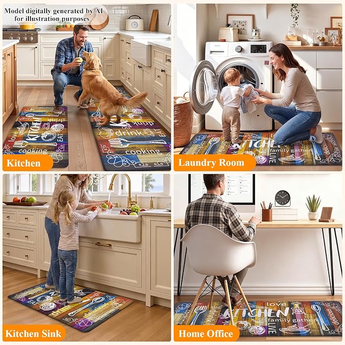 HEBE Anti Fatigue Kitchen Rugs Set of 2, Non Slip Cushioned Kitchen Mats for Floor, Waterproof Farmhouse Comfort Standing Desk Mat for Kitchen Sink,Office,Laundry
