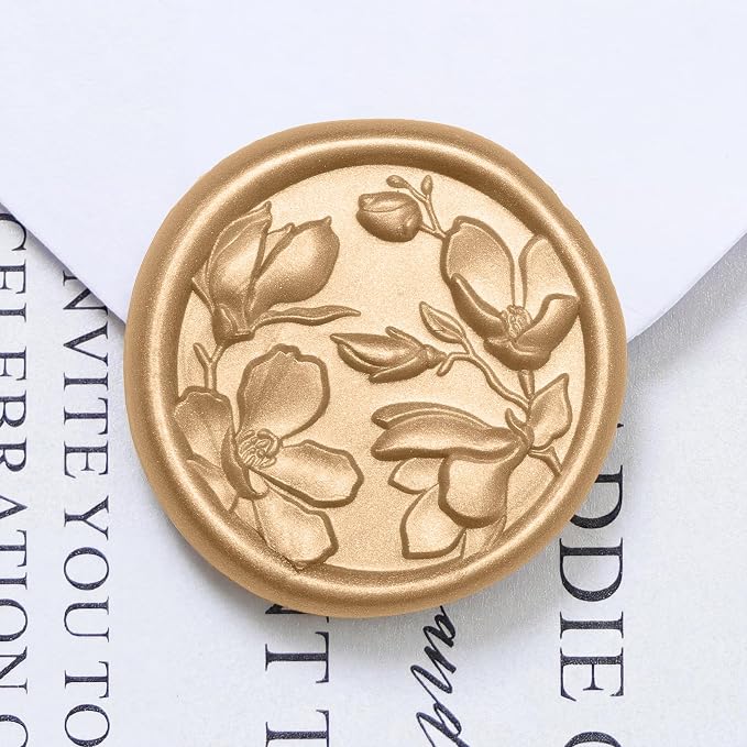 UNIQOOO Wax Seal Stickers - 3D Magnolia Wedding Invitation Envelope Botanical Seal Stickers, 100 Pcs Self-Adhesive Light Gold Stickers, Perfect for Invitations, Christmas, Gift Wrapping, Parties