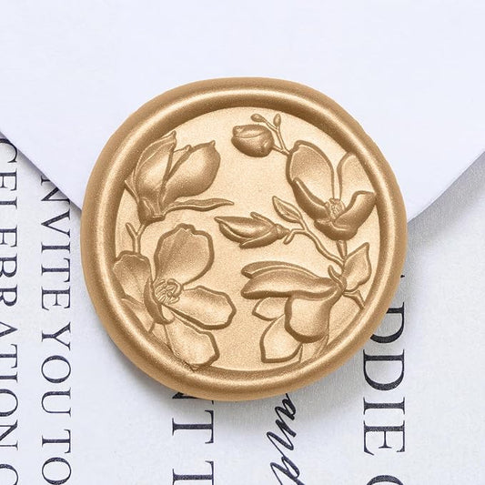 UNIQOOO Wax Seal Stickers - 3D Magnolia Wedding Invitation Envelope Botanical Seal Stickers, 50 Pcs Self- Adhesive Light Gold Stickers, Perfect for Invitation, Christmas, Gift Wrapping, Party