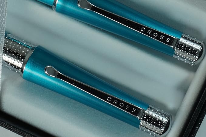 AT CROSS Cross Collection Beverly Pearlescent Teal Lacquer with signature pronounced center Band Selectip Rollerball Pen and Ballpoint Set.A great wedding, birthday, graduation & Christmas gift
