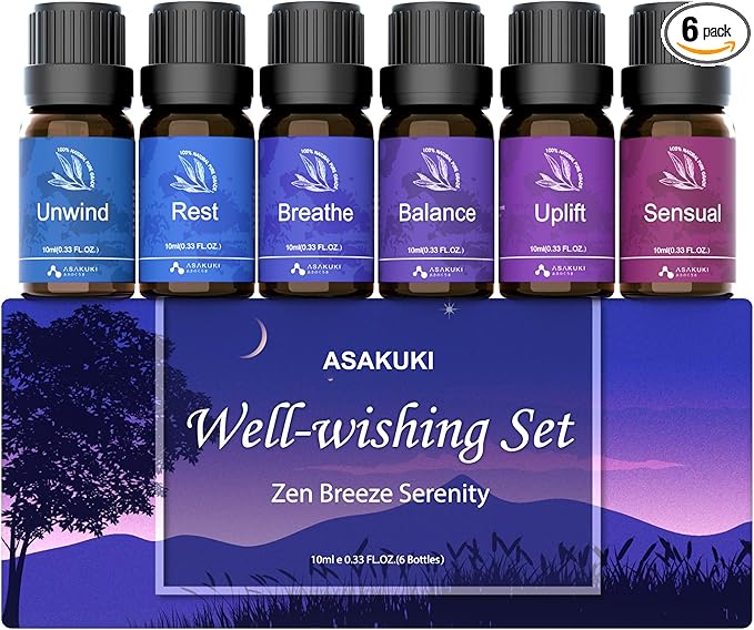 ASAKUKI Essential Oils for Diffuser – 6 Mood Essential Oil Blends (Breathe, Uplift, Sensual, Balance, Unwind, Rest) for Morning to Night Rituals, Home & Daily Use