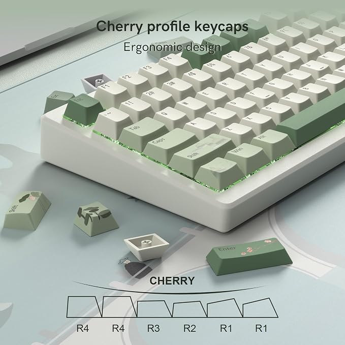 dagaladoo Keyboard keycaps Set,Matcha Green PBT keycaps 60% 75% 100%,dye-Sublimation Cherry Profile Custom Keyboard caps for Cherry-mx Full Size Retro Mechanical Keyboard,Spring Tea,134keys