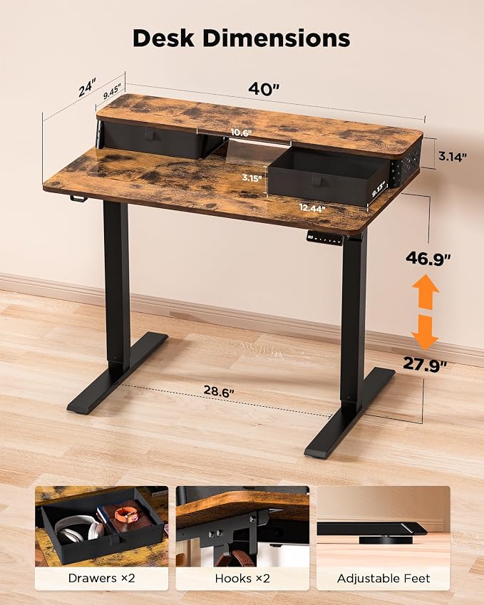 FiCiHi 40x24 Inch Electric Standing Desk, 2 Drawers, Adjustable Height Desk | Small Sit Stand Computer Desks, C-Clamp Compatible Home Office Desk with Monitor Stand, Cable Management, 3 Preset Heights