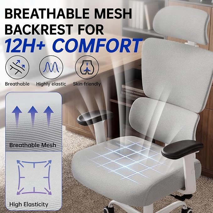 Ergonomic Office Chair, High Back Mesh Computer Chair with Comfortable Adaptive Lumbar Support, Built-in Coat Hanger, SGS Class 4 Gas Lift, Heavy Duty 300lbs for Long Hours Home Office