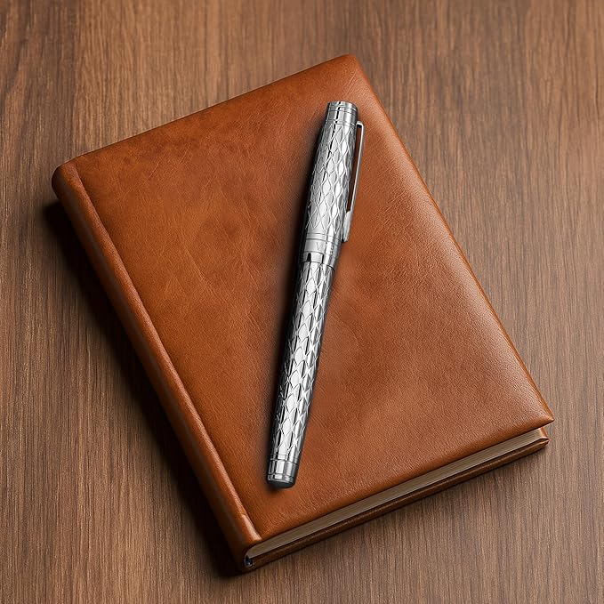 ‘The Mirror’ Silver Luxury Executive Fountain Pen, Woven Chrome Finish, Medium Nib, Smudge Free, No Bleed, Use Any Fountain Ink with Included Converter, Fits Cartridges (sold separately)