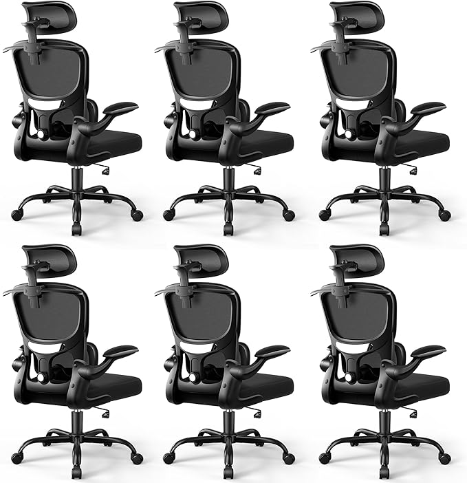 ALLGOD Ergonomic Office Chair, Mesh Desk Chair with Lumbar Support, High Back Home Office Chair with Adjustable Headrest and Flip-Up Arms, Comfortable Computer Chair, Thick Cushion, Black-6 Pack