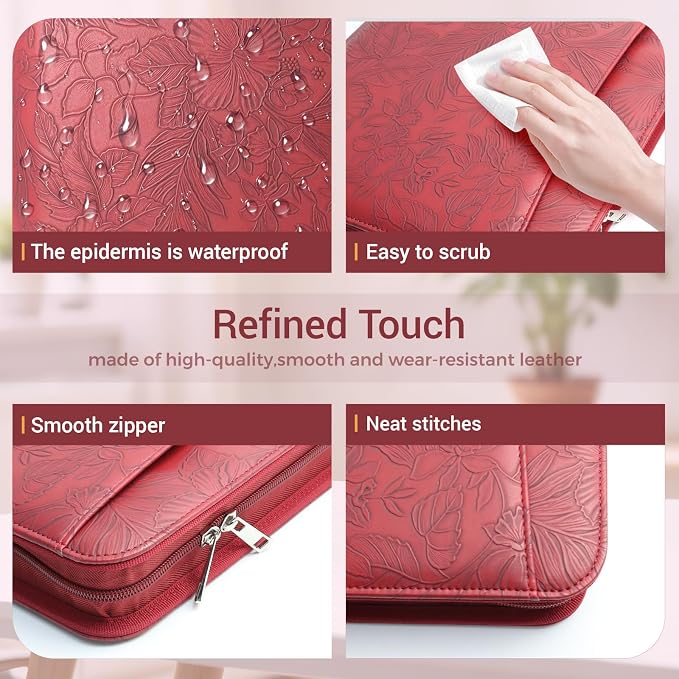 A4 Embossed Faux Leather Zippered Padfolio with 3 Ring Binder, Executive Portfolio Organizer Binder for Women, Fits 13.9" Laptop/Tablet, Refillable Writing Pad Pocket, Red