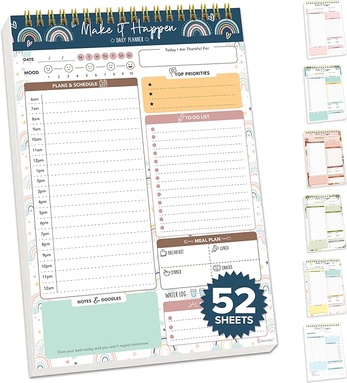Decorably 52 Sheets Boho Rainbow Undated Daily to Do List Notepad - 6.5x10in Spring-Bound Planner, Easy Tear-Off, for Schedule, Priorities, Agenda, Water Intake, Meals, Notes & Doodles - Home, Office