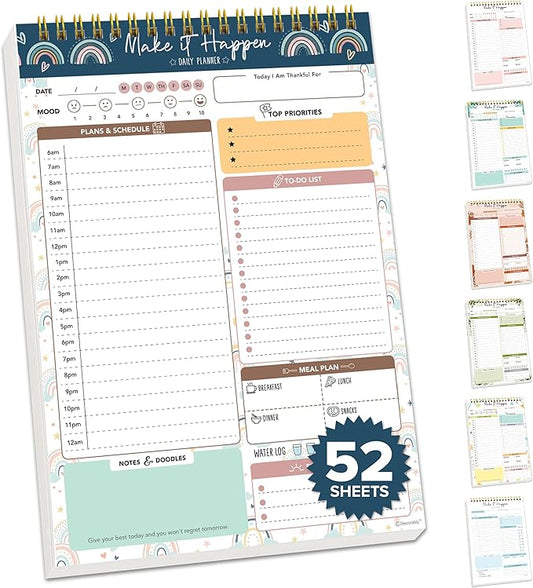 Decorably 52 Sheets Boho Rainbow Undated Daily to Do List Notepad - 6.5x10in Spring-Bound Planner, Easy Tear-Off, for Schedule, Priorities, Agenda, Water Intake, Meals, Notes & Doodles - Home, Office