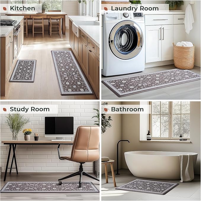 FRESHMINT Vintage Floral Kitchen Mat 2 Piece, 17x30''+17x47'', Ebony Black | Anti-Fatigue, Non Slip, Comfort, Kitchen Decor, Easy to Clean, Waterproof, Perfect for Kitchen, Laundry, Office