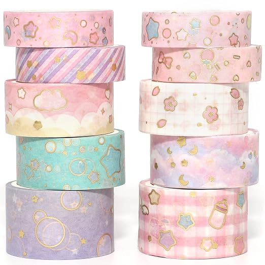 Creative Washi Tape Set 10 Rolls Gold Foil Print Decorative Masking Tapes for Arts, DIY Crafts, Journals, Planners, Scrapbook, Wrapping (Cute Sweety)