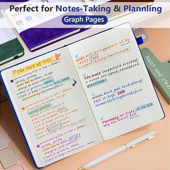 PERCUN A5 Hardcover Graph Paper Notebook, 5.9”x8.5” Leather Journal for Women & Men, 160 Pages Grid Paper Composition Notebook for Work, School, Math, Quad Ruled Writing Journals,Graphing (Navy)