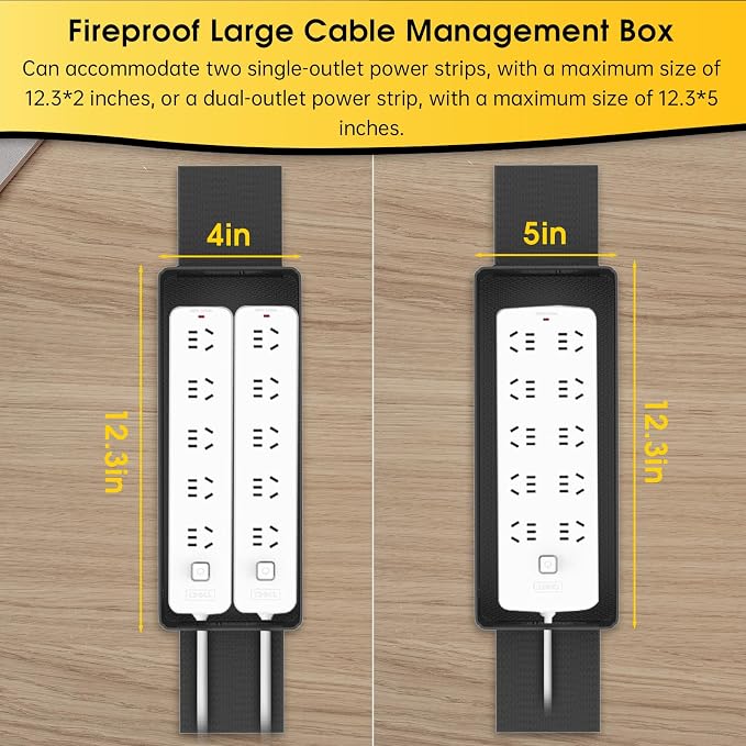 Tamfile Cable Management Box, Fireproof Foldable Cord Organizer and Cover | Heat Resistant Large Power Strip Organizer for TV Wires, Computer and USB Hub with Cable Clips & Reusable Cable Ties, Black