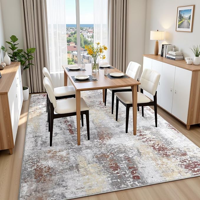 Macgace Washable Abstract Rug, 8x10 Modern Area Rugs with Non-Slip Rubber Backed for Living Room, Thin but Soft Contemporary Carpet Kitchen Bedroom Dining Room Decor, Rusty Brown