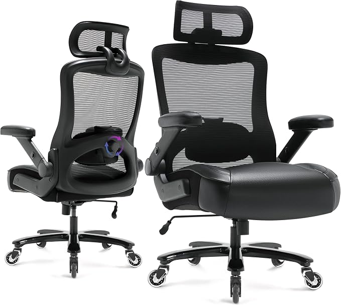 600lbs Big and Tall Office Chair- Heavy Duty Executive Computer Chair with 3D Flip Arms Large Wheels, Ergonomic Mesh High Back Desk Chair, Extra Wide Seat Adjustable Lumbar Support&Headrest