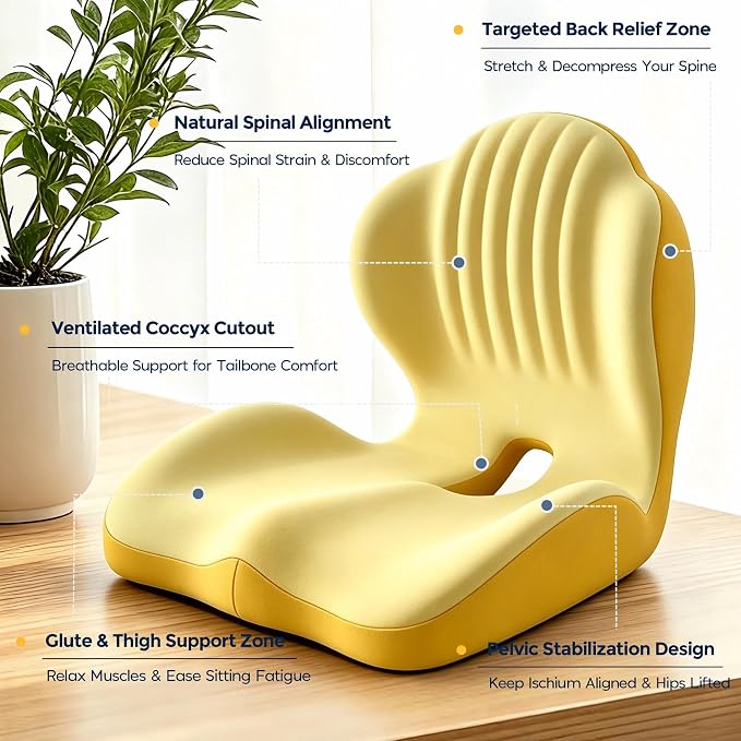 Seat Cushion for Office Chair and Car, L-Shaped Ergonomic Seat Cushions,Memory Foam Orthopedic Cushion with Coccyx Hollow,Lumbar Support & Tailbone Pain Relief for Car, Truck, Home,Gaming Chair,Yellow