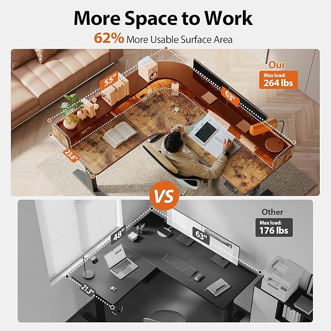 Agilestic L Shaped Standing Desk, Corner Desk with Monitor Shelf, Adjustable Height Gaming Table, Sit Stand Up Table, 63 x 55 Inch Home Office Computer Workstation, Splice Board, Rustic Brown
