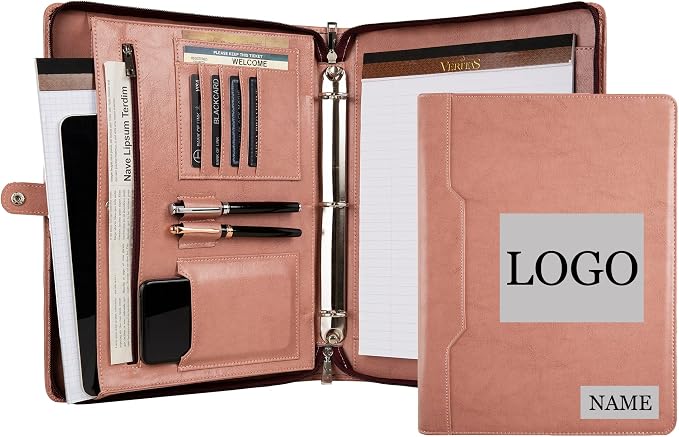 DUKE&COW Vegan Leather Portfolio Binder, 3 Ring Binder Padfolio for Women, Pink Folder, Handmade Oranizer, Personalized Resume Folder (Pink, Custom)