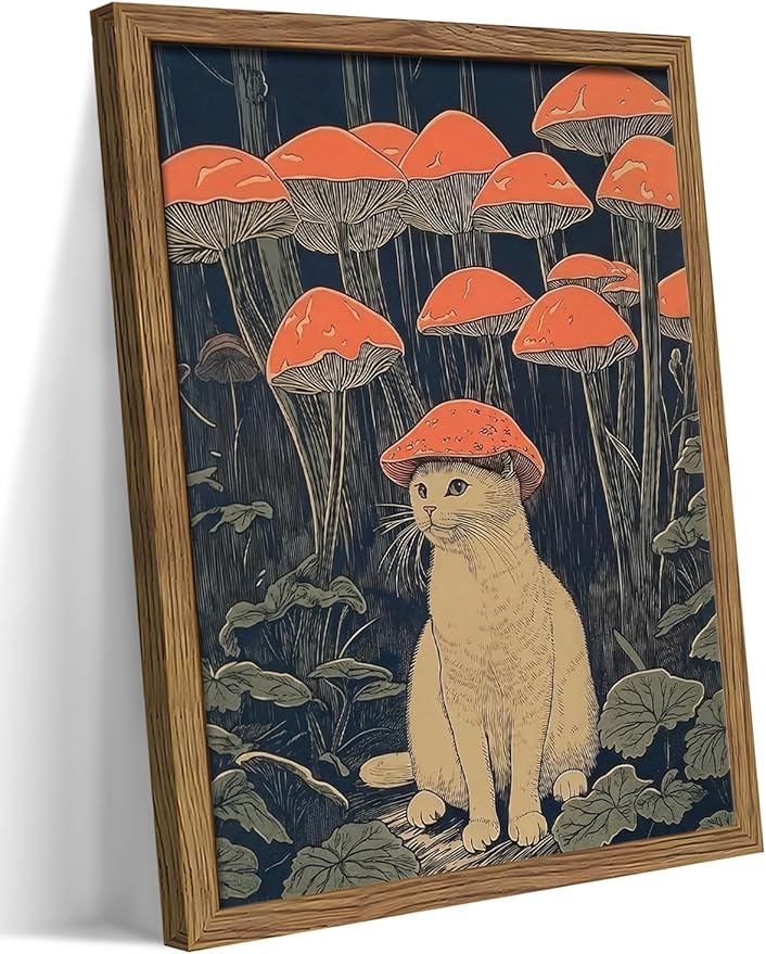 Framed Vintage Cat Wall Art, Whimsical White Cat with Mushroom Hat in Forest Canvas Print, Fantasy Quirky Woodland Animal Painting, Funny Retro Wall Decor for Living Room Bedroom Study 8x10in