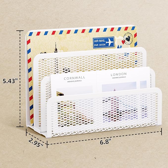 Marbrasse Mail Organizer for Desk, 3-Slot Mesh Metal Mail Holder countertop, Letter Holder, Office Desktop Envelope and Document Storage Rack (White)